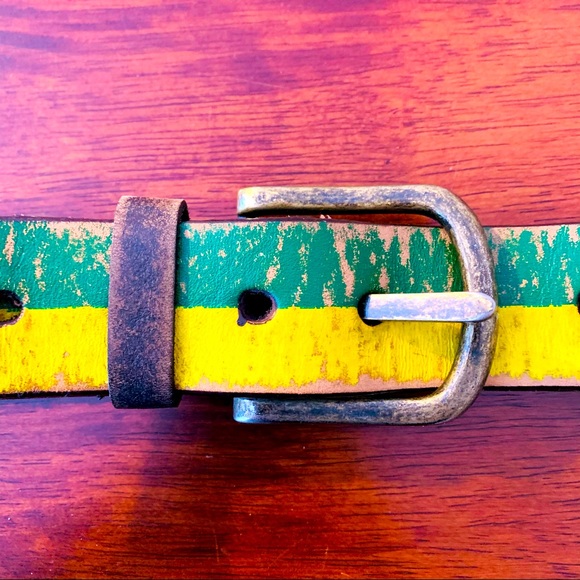 Obey Men’s Leather Belt, Distressed Yellow/Green Stripe, size 34 - Picture 3 of 5